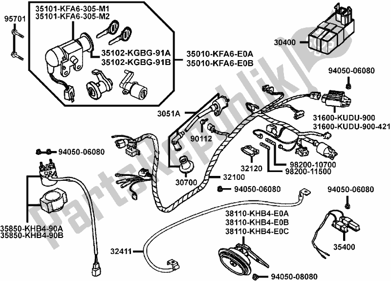 Alle onderdelen voor de F19 - Wire Harness van de Kymco BA 30 AA AU -People 150 30150 2005